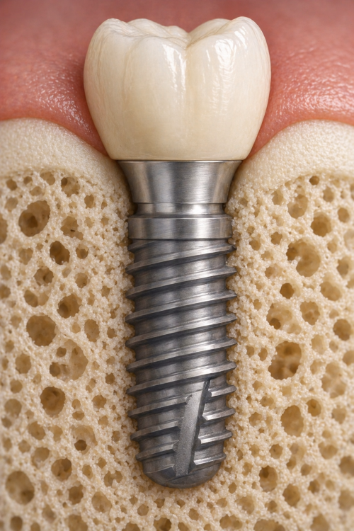 Osteointegrazione impianto dentale — fusione tra titanio e osso alveolare