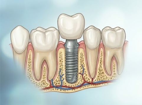 Illustrazione anatomica impianto dentale singolo — integrazione nell'osso tra denti naturali