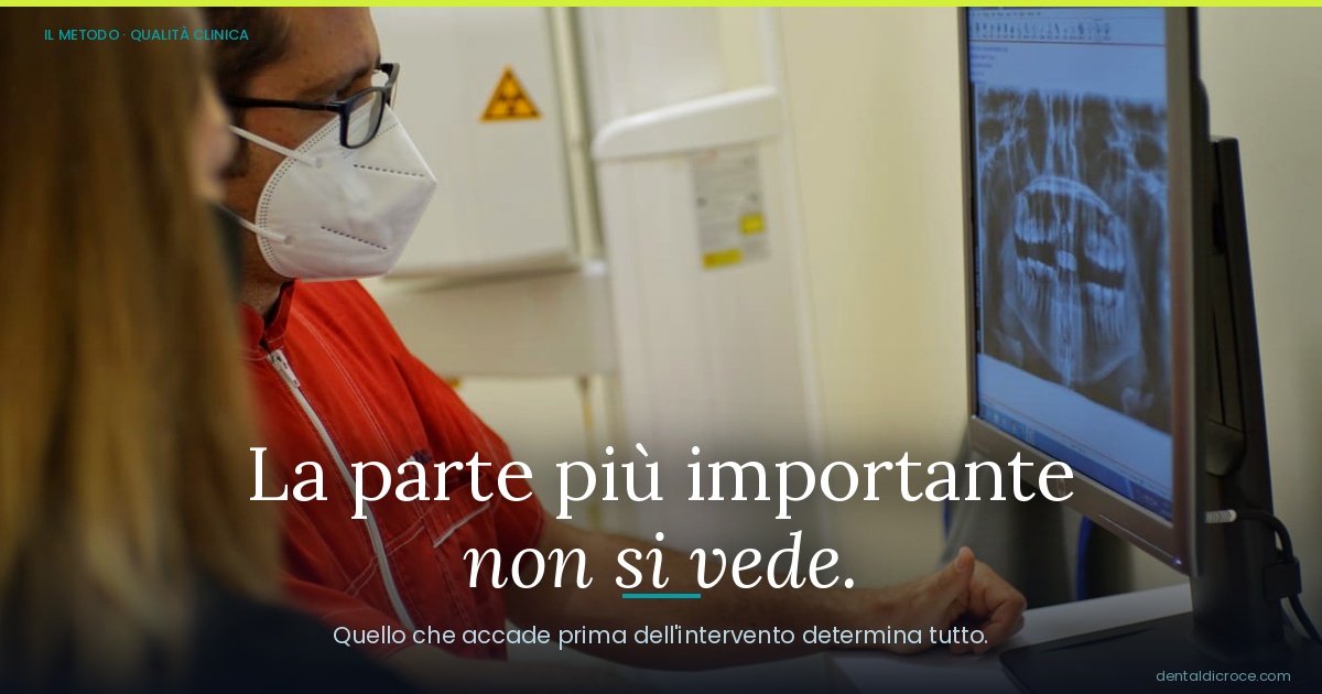 Dentist wearing a mask looking at a dental X-ray on a monitor; banner text discusses the importance of what happens before treatment.