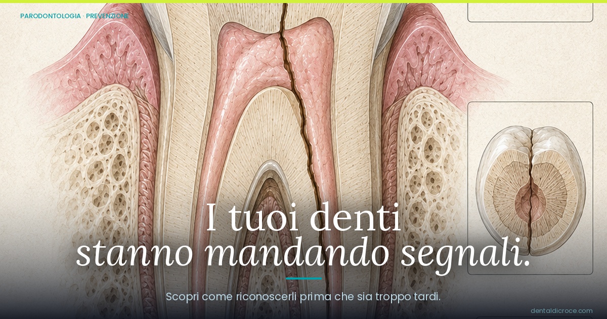 Cross-section illustration of teeth and jaw with an Italian headline about teeth sending signals and warning signs.