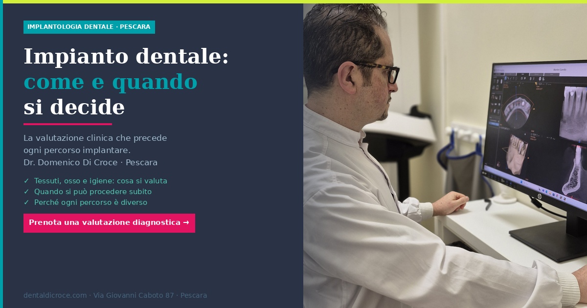 Left dark panel with Italian headline about dental implants; right shows a clinician reviewing dental scans on a monitor in a dental office.