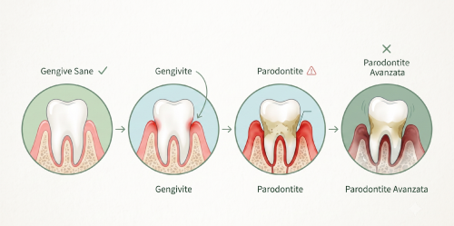 Schema illustrativo fasi della parodontite: gengivite, parodontite lieve, grave