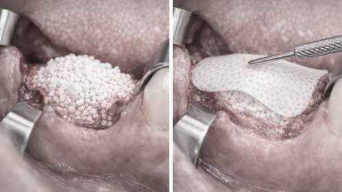 Rigenerazione ossea guidata — innesto con biomateriale e membrana protettiva