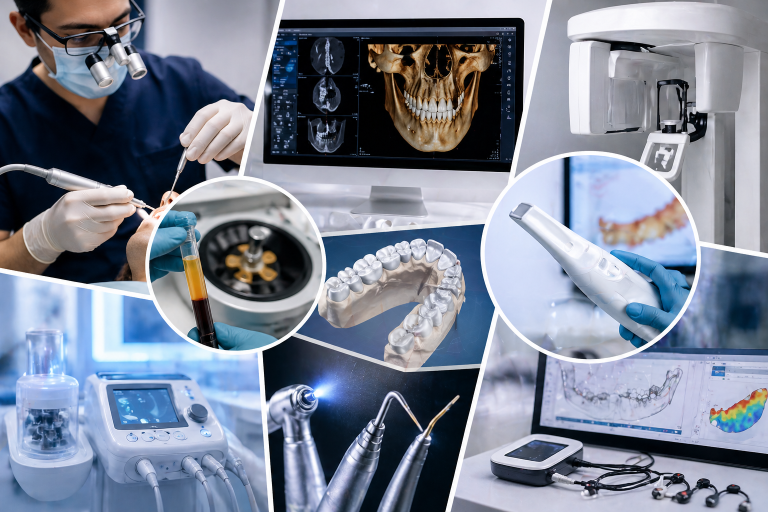 collage of modern dentistry tools and tech dentist performing a procedure 3d dental model and dental x ray images on a screen