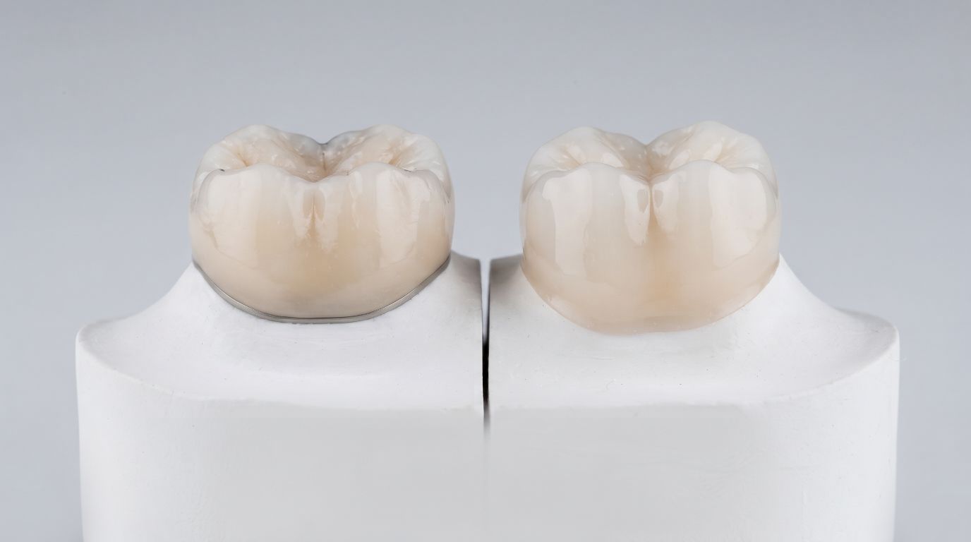 Confronto tra due corone dentali: una in metallo-ceramica e una in ceramica integrale senza metallo