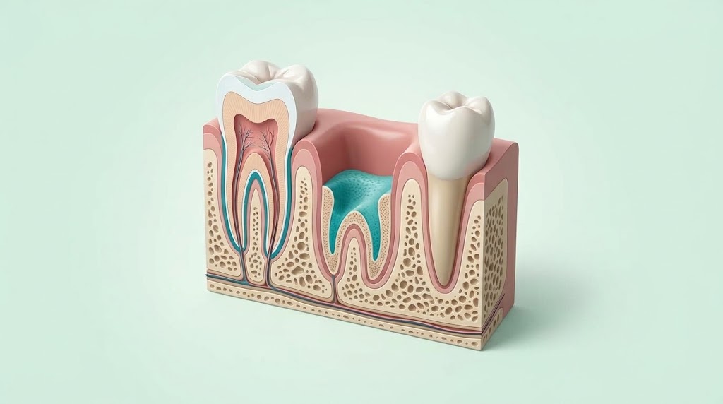 Schema dell'alveolo post-estrattivo accanto a un dente naturale