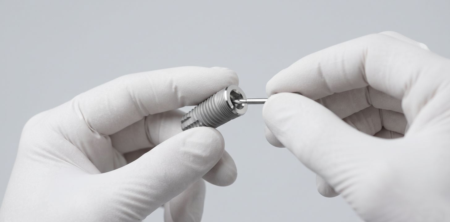 Impianto dentale in titanio in primo piano, con le mani guantate di un odontoiatra sullo sfondo