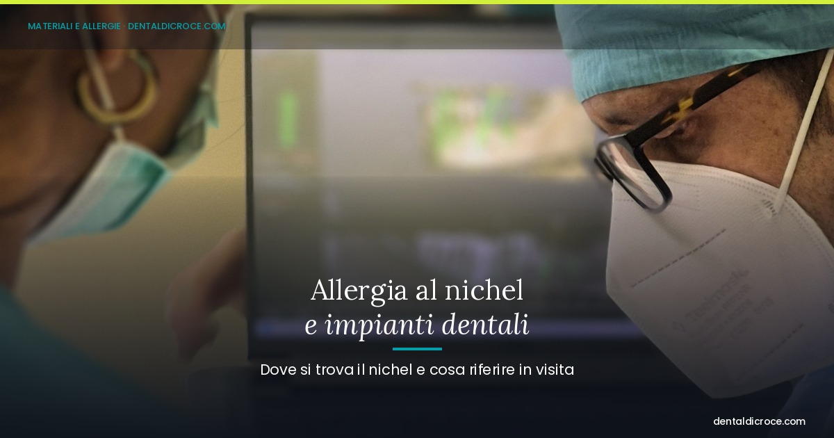 Informational banner about nickel allergy and dental implants, featuring two clinicians in masks in a dental clinic profile.
