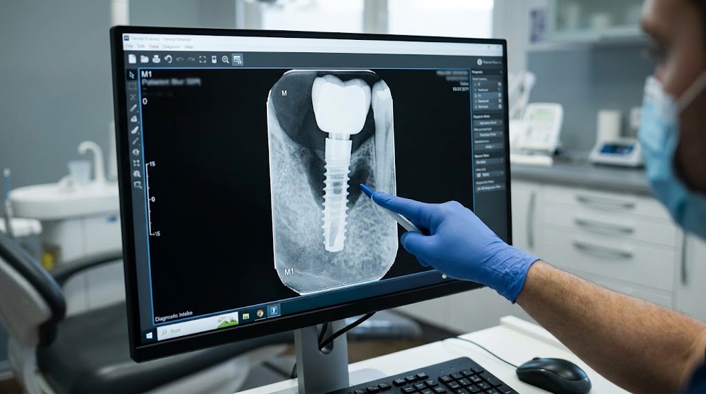 Radiografia di controllo di un impianto dentale mostrata sullo schermo